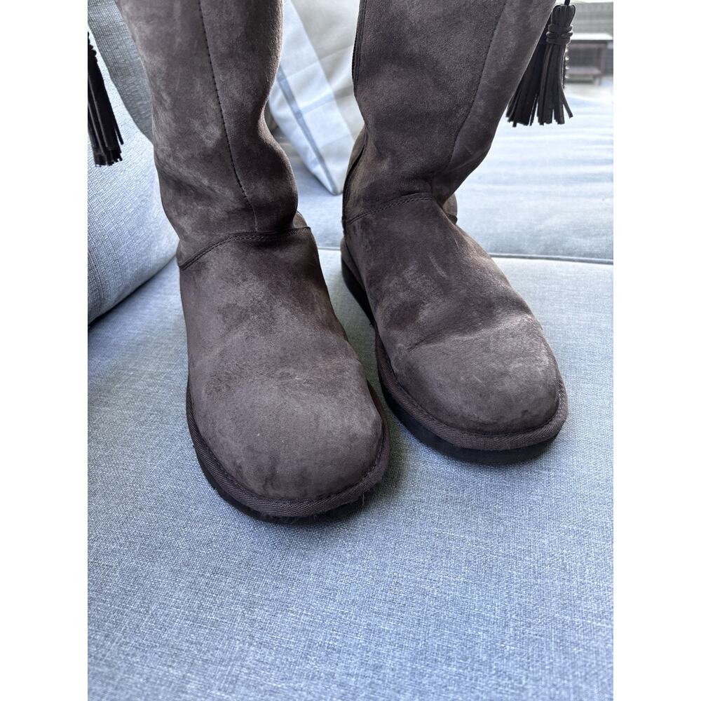 UGG Plumdale Tassel Tall Genuine Sheepskin Boots Sz 8 Zip Espresso Suede 1894 - Picture 6 of 16